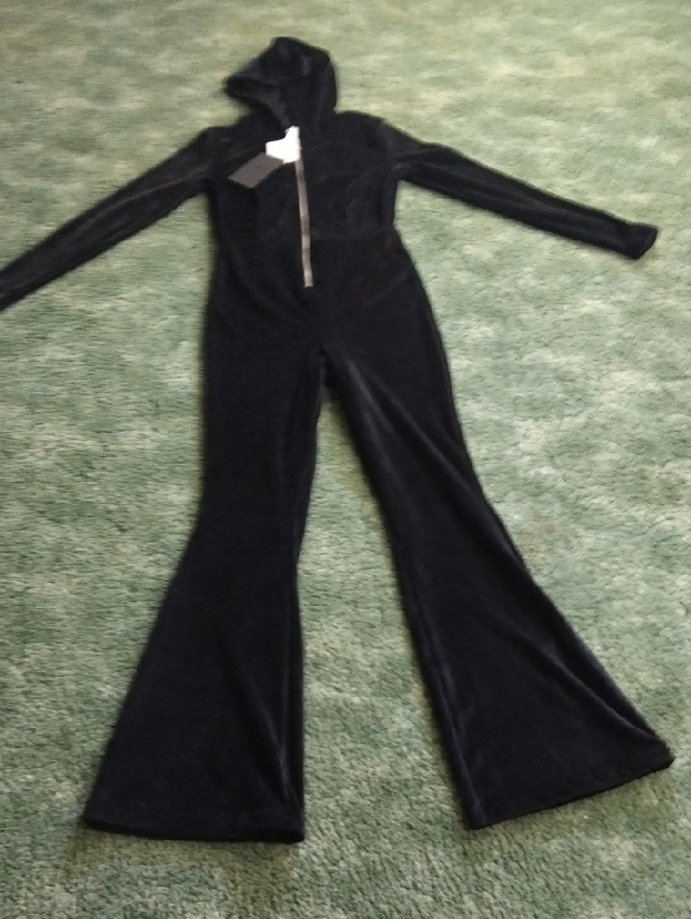 Fabletics Black Velvet Hooded Jumpsuit with Flared Legs